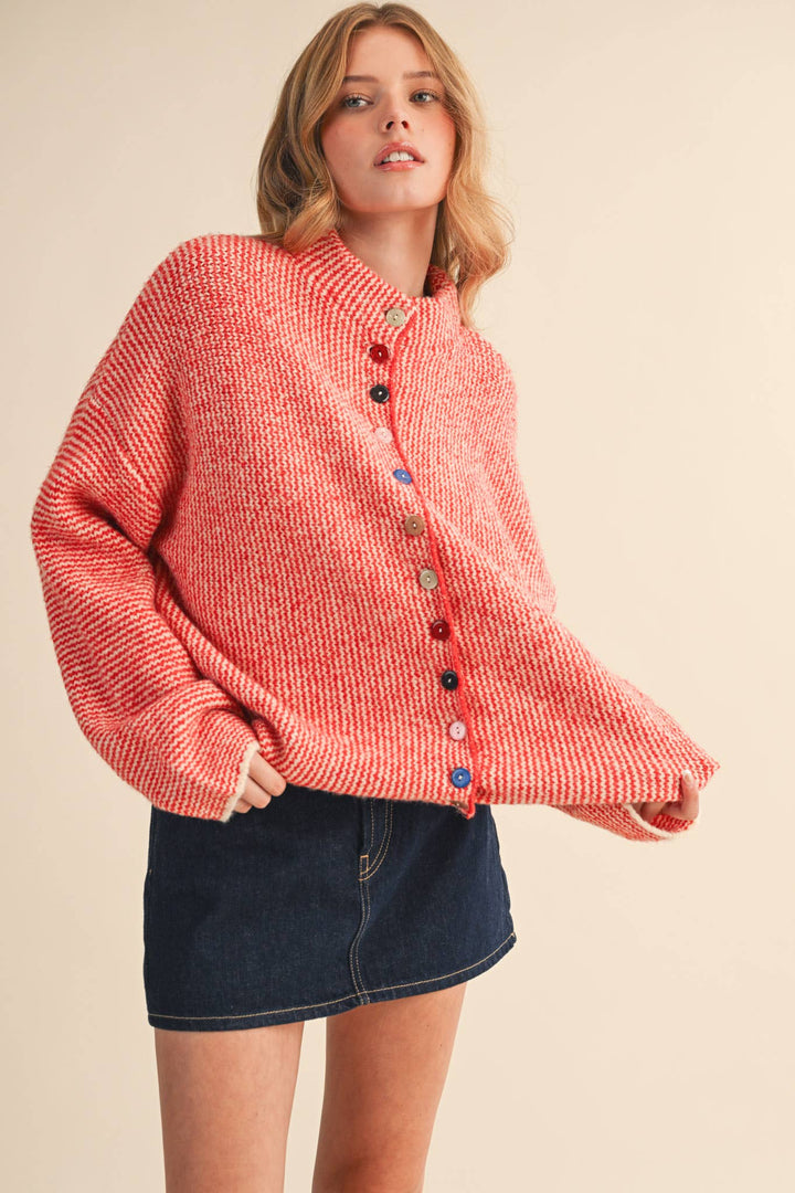 STRIPED SWEATER CARDIGAN WITH COLORFUL BUTTONS MS112