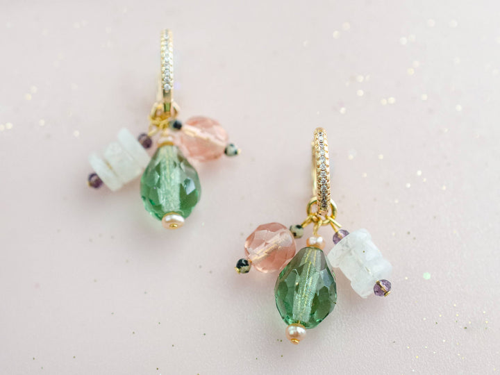 Green &amp; Pink Moonstone Charm Hoop Earrings JM764