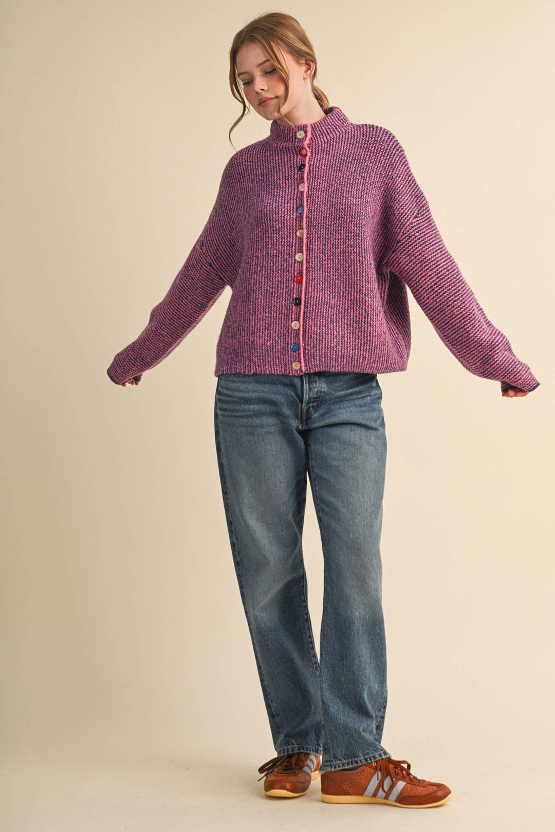 STRIPED SWEATER CARDIGAN WITH COLORFUL BUTTONS MS112