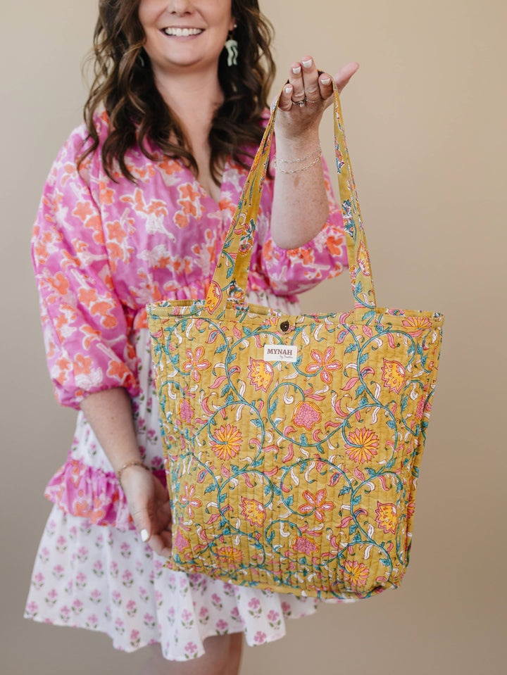 Quilted block print reversible tote bag-compact laptop bag MH42