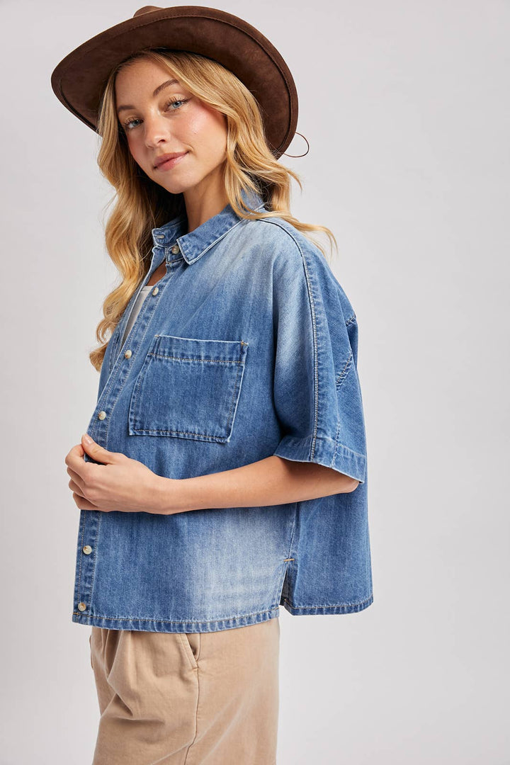 DENIM BUTTON DOWN SHORT SLEEVE BOXY SHIRT BV829