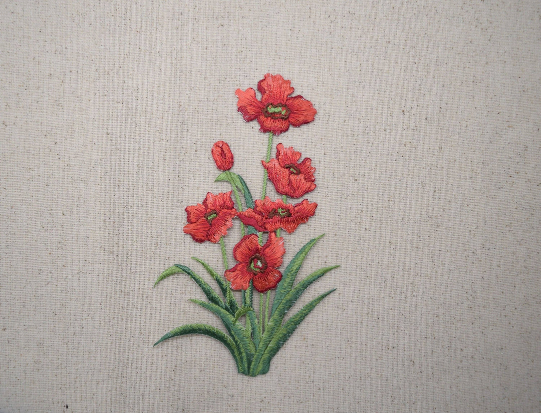 Red Poppy Flowers - Large Group - Iron on Applique - Embroidered Patch IR
