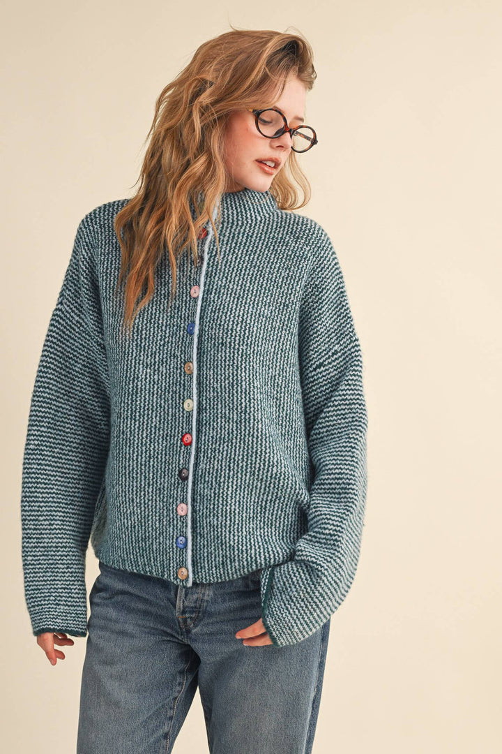 STRIPED SWEATER CARDIGAN WITH COLORFUL BUTTONS MS112