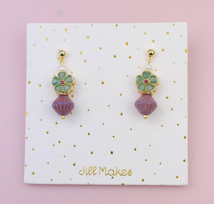 Beaded Green and Purple Dangle Earrings JM129