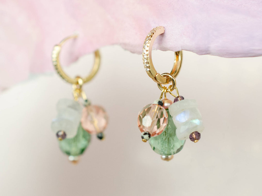 Green &amp; Pink Moonstone Charm Hoop Earrings JM764
