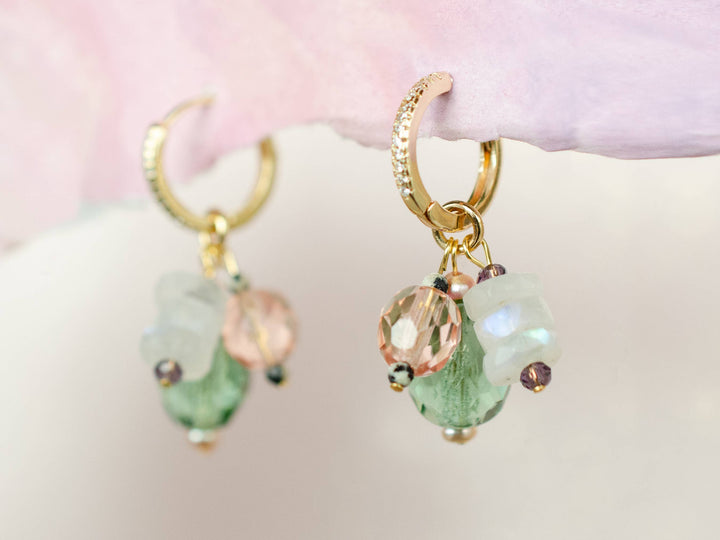 Green &amp; Pink Moonstone Charm Hoop Earrings JM764