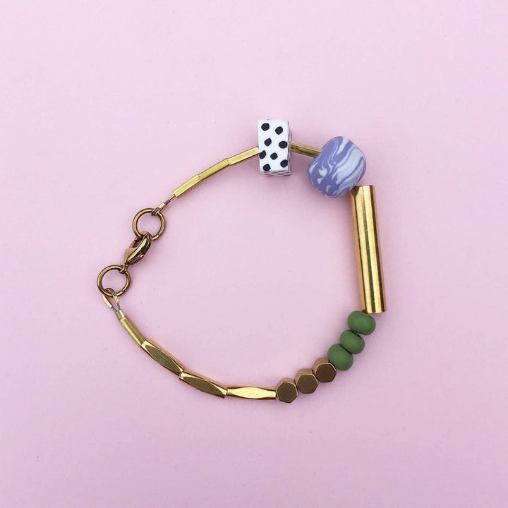 Marble and Brass Bracelet - Olive and Purple LAB47