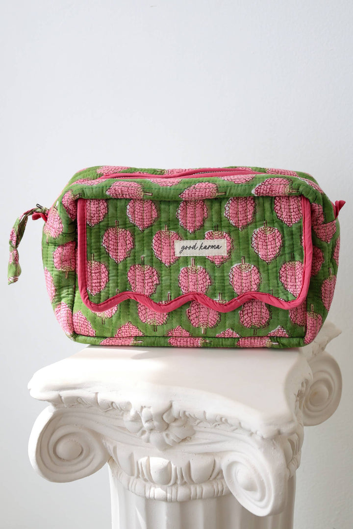 Scalloped Block Print Toiletry Bag Cotton Makeup Travel Case