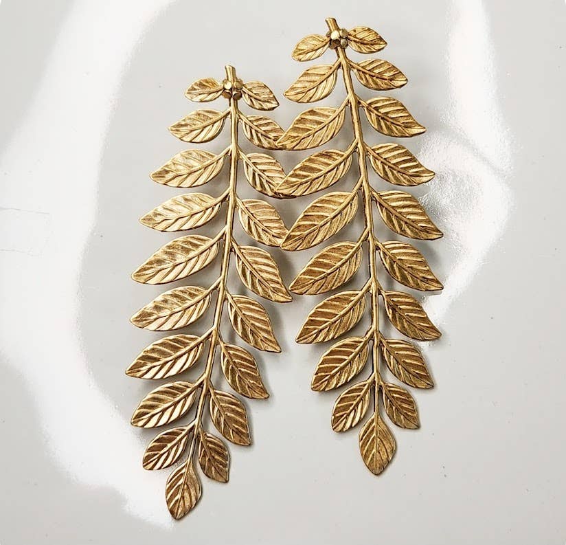 Brass Fern Frond &amp; Boston Fern Post Bold Statement Earrings