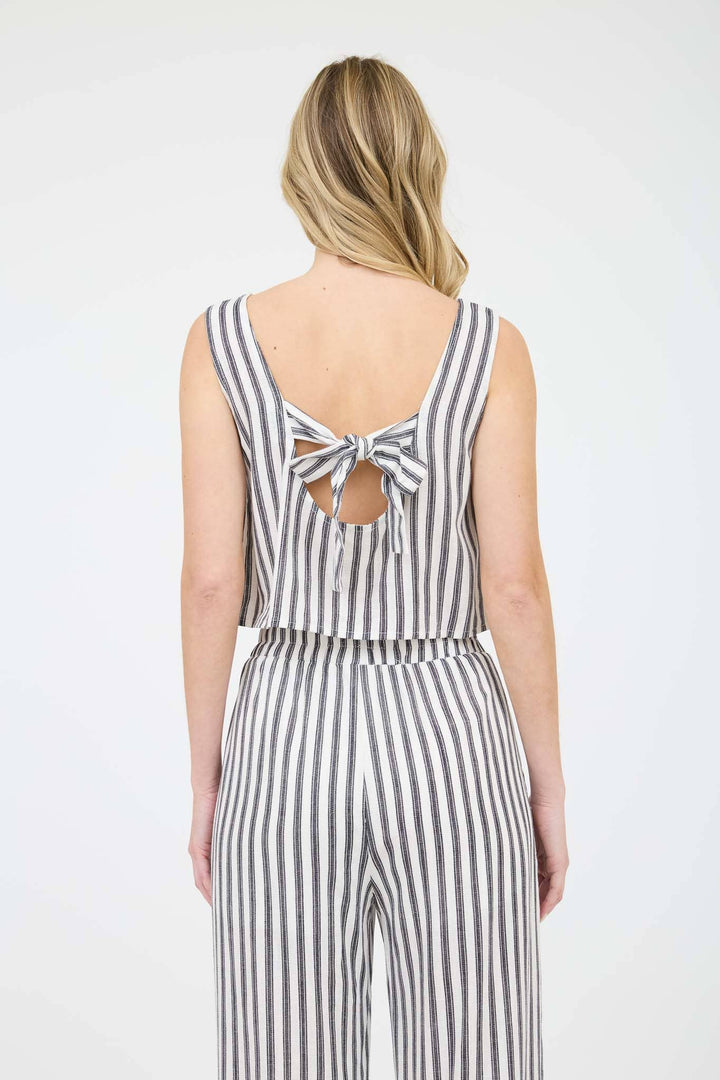 STRIPE LINEN BACK TIE DETAIL SLEEVELESS TOP: NAVY WS553