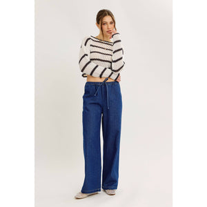 LAID BACK STAPLE STRIPE COTTON SWEATER WITH CONTRAST TRIM