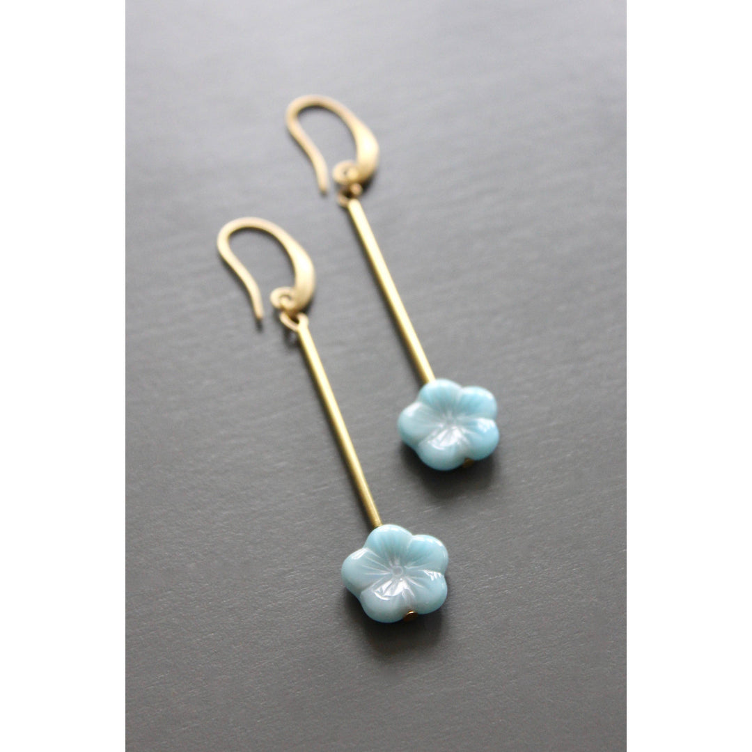 EMIE65 Blue glass flower drop earrings