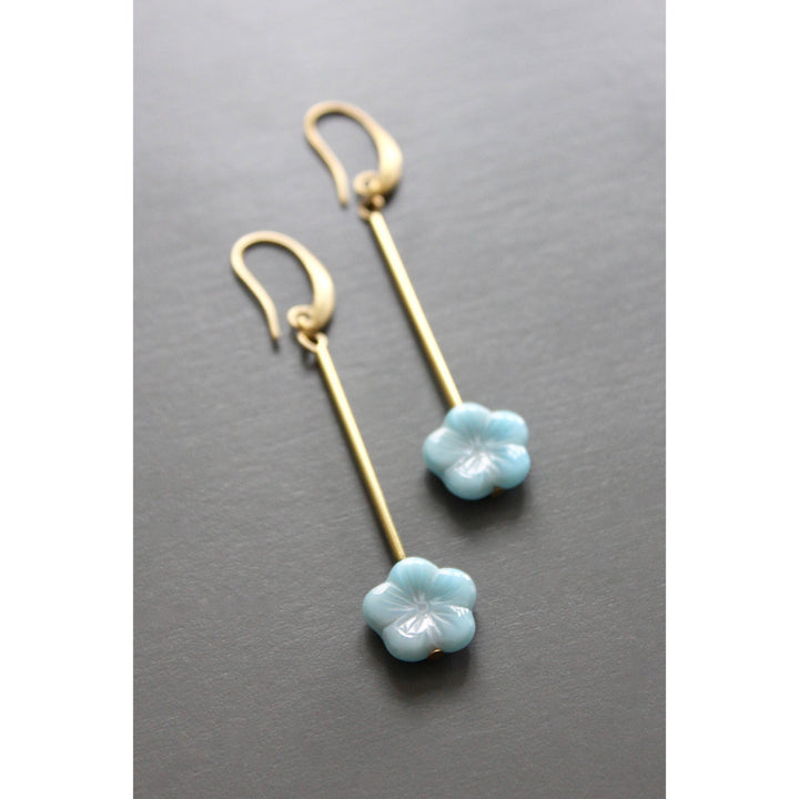EMIE65 Blue glass flower drop earrings