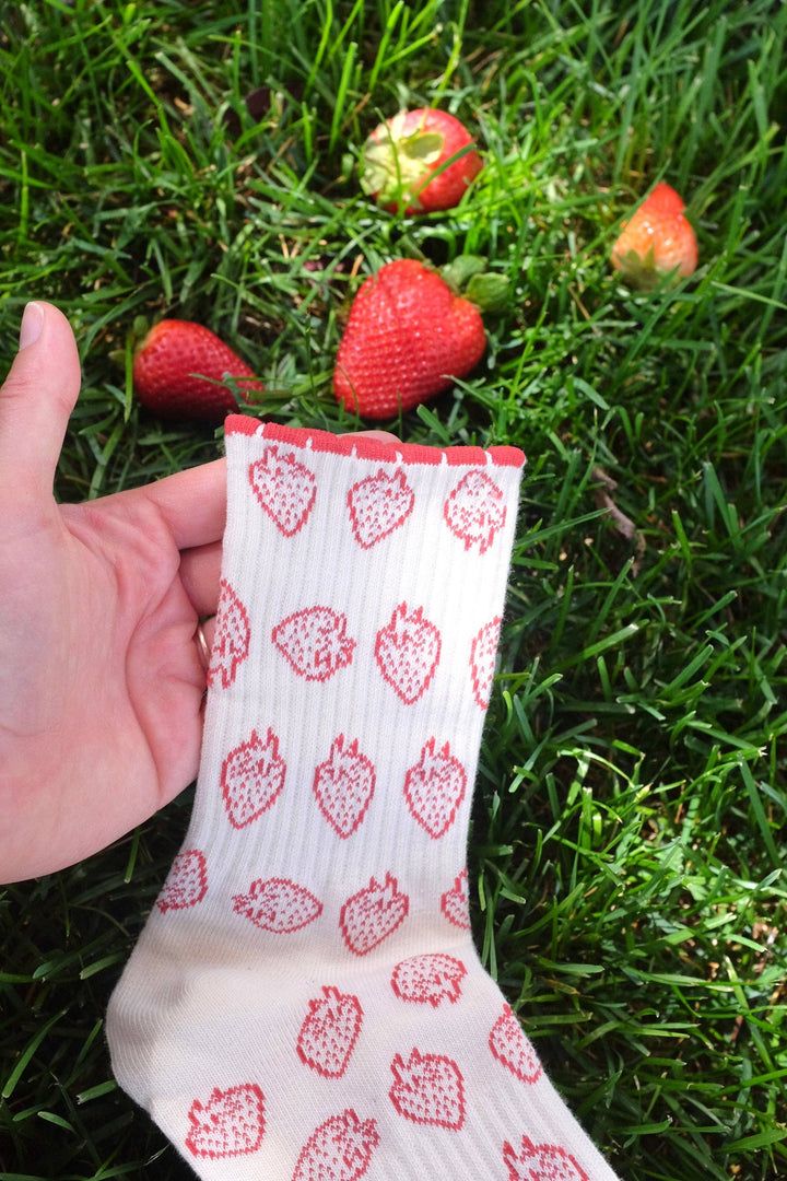 Vintage Style Strawberry Summer Red Cream Ribbed Socks