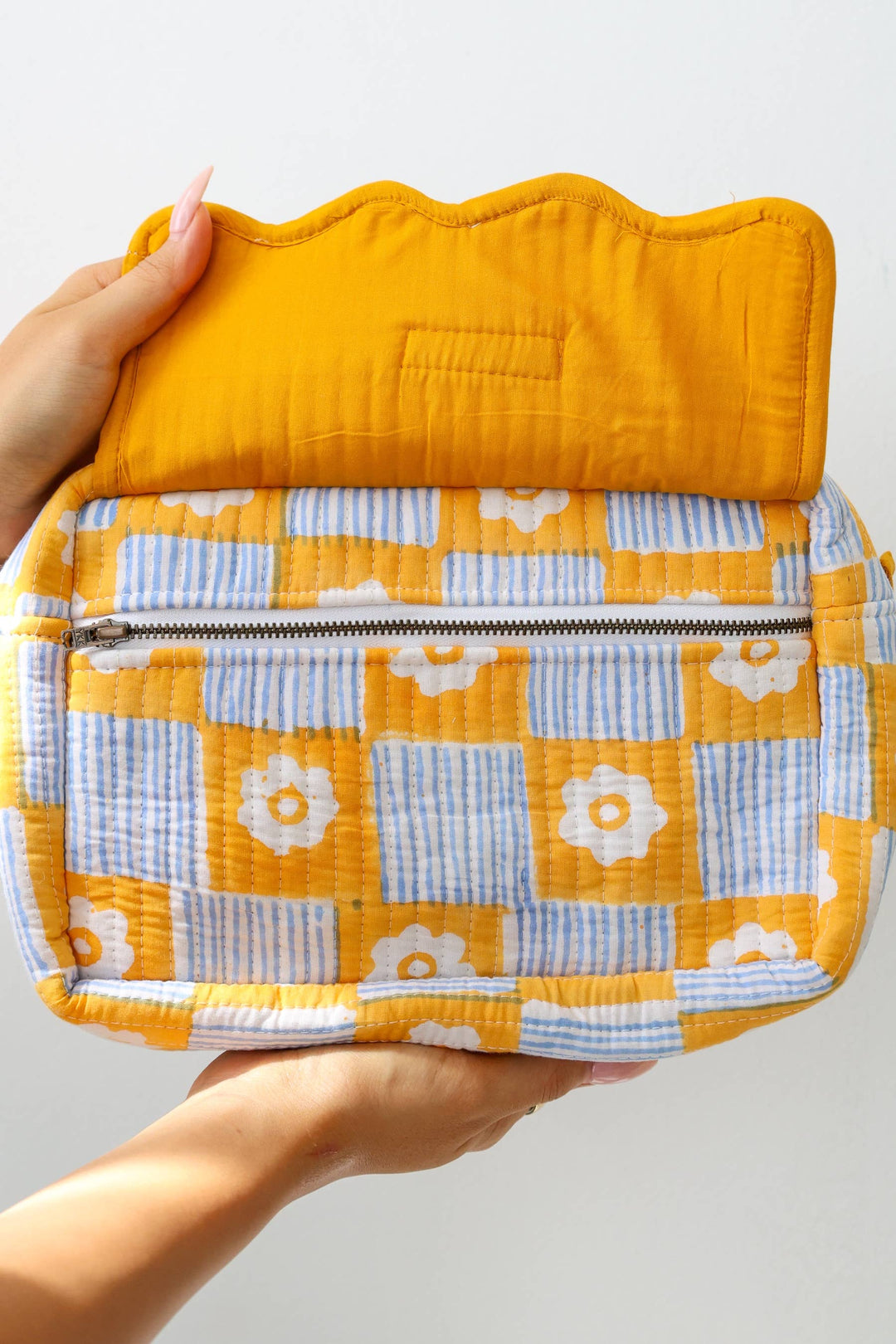Scalloped Block Print Toiletry Bag Cotton Makeup Travel Case