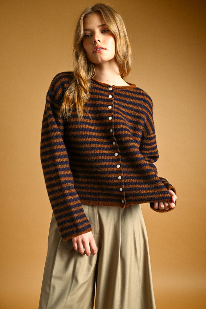 J7562   STRIPED BUTTON FRONT SWEATER CARDIGAN