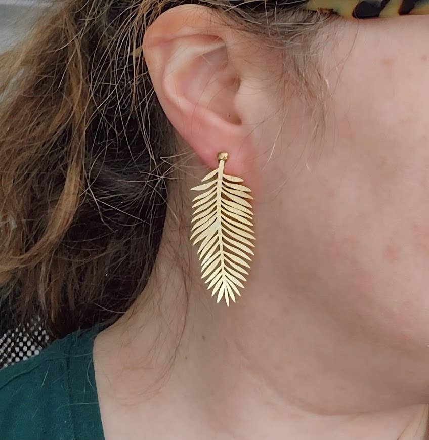 Brass Fern Frond &amp; Boston Fern Post Bold Statement Earrings