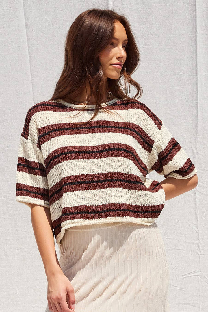 IM9277 - 3/4 Sleeve Striped Sweater
