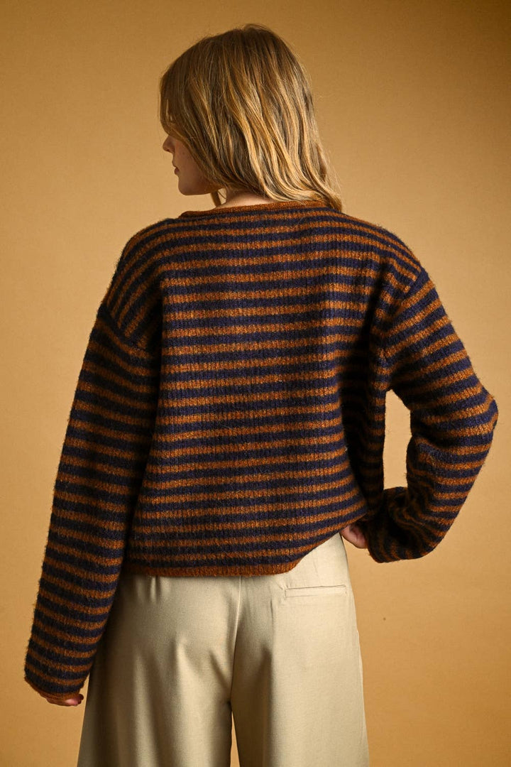 J7562   STRIPED BUTTON FRONT SWEATER CARDIGAN