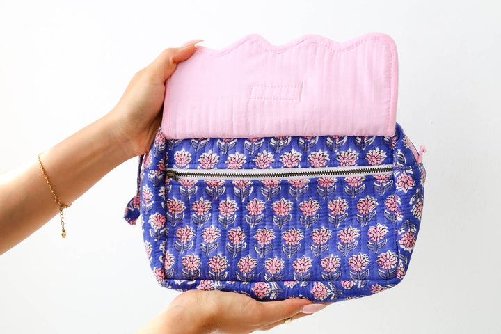 Scalloped Block Print Toiletry Bag Cotton Makeup Travel Case