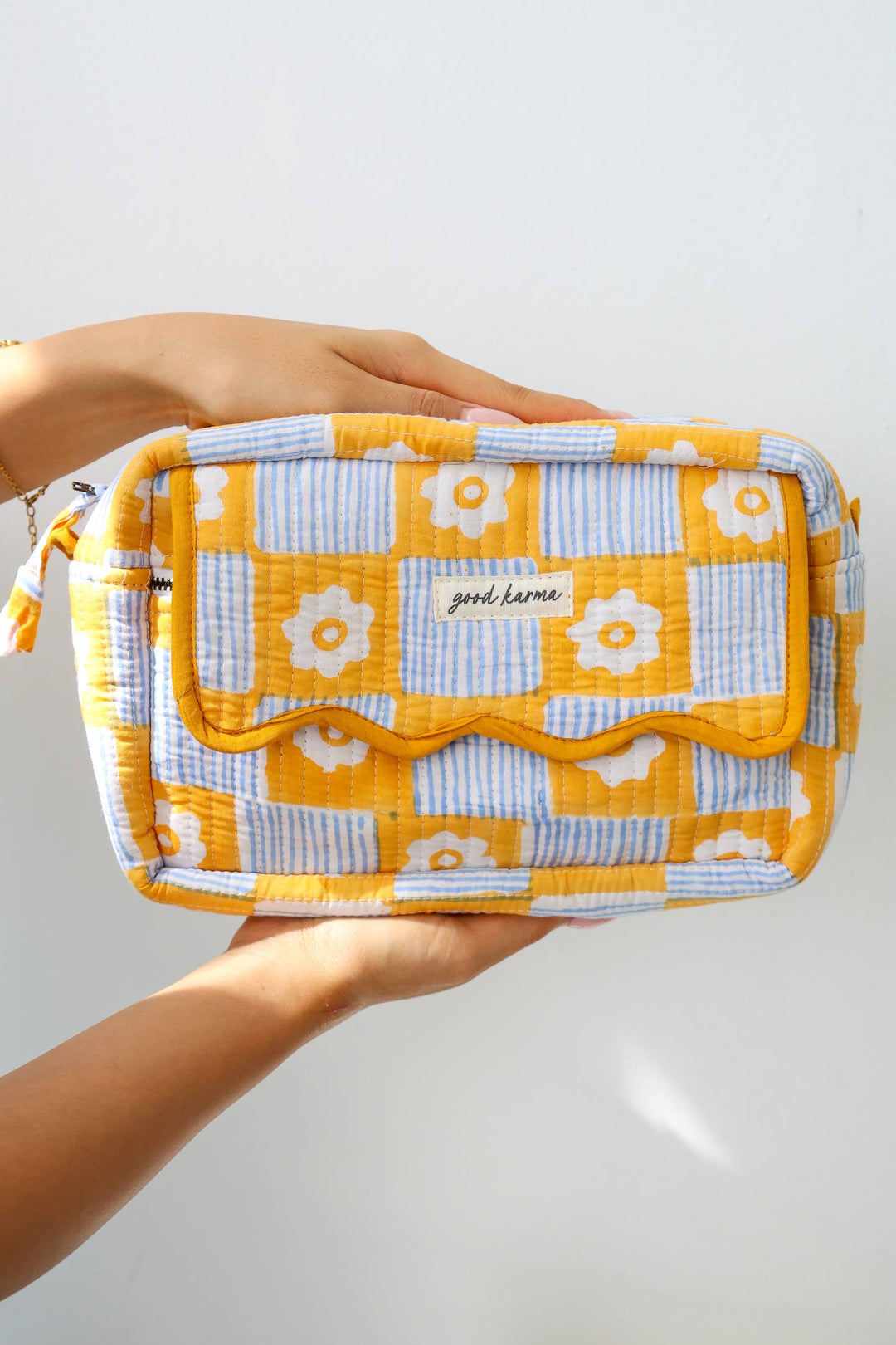 Scalloped Block Print Toiletry Bag Cotton Makeup Travel Case