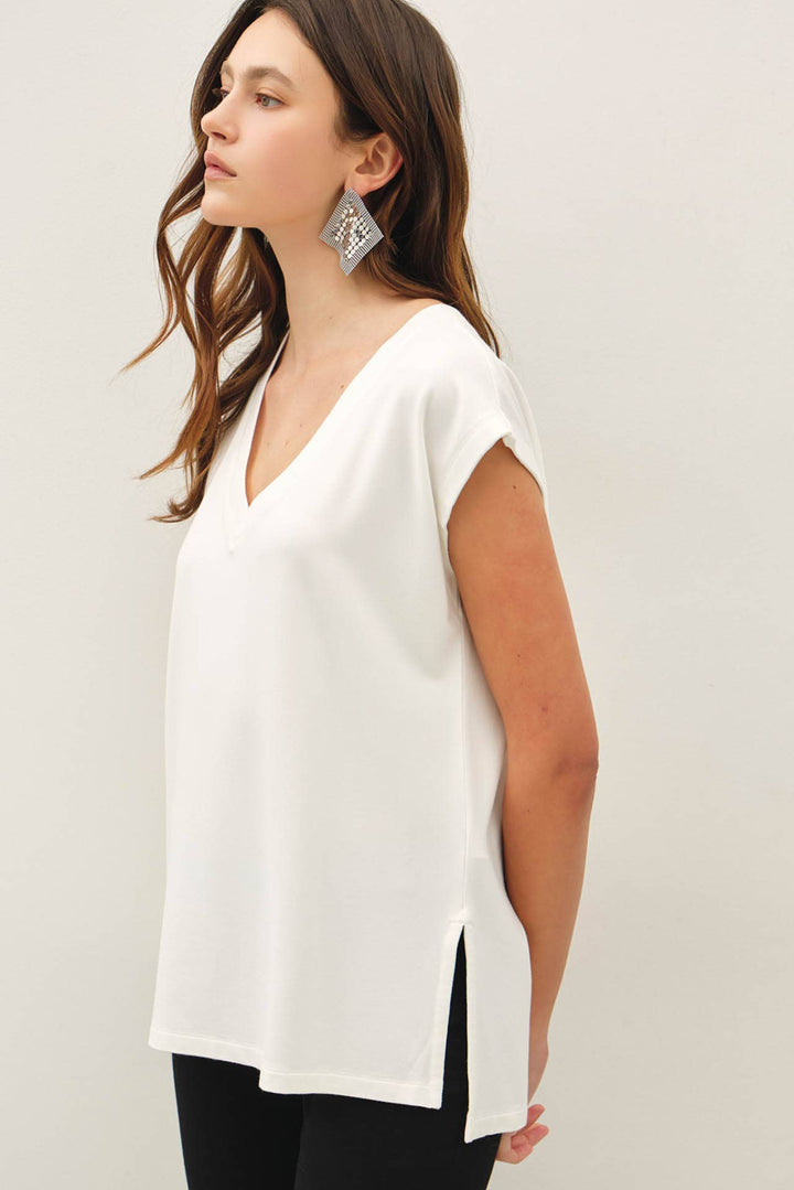 BAMBOO COTTON BLEND V-NECK BUTTERY FRENCH TERRY TOP BC672