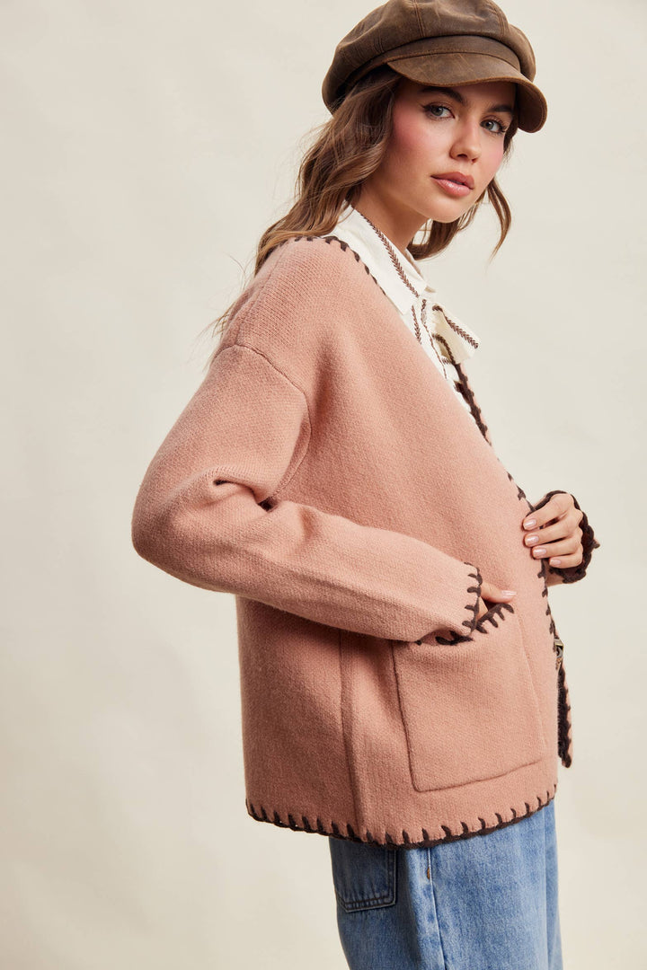 Contrast Whipstitch Knit Cardigan LSW1066