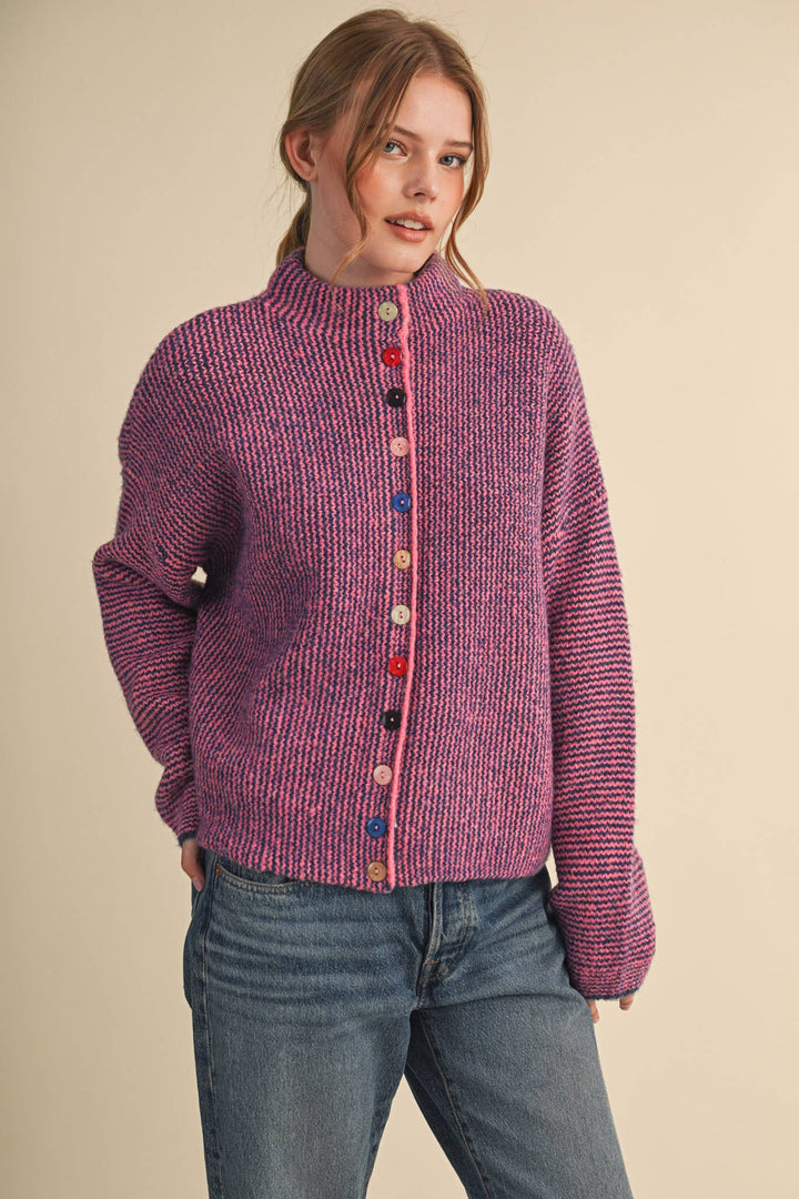 STRIPED SWEATER CARDIGAN WITH COLORFUL BUTTONS MS112