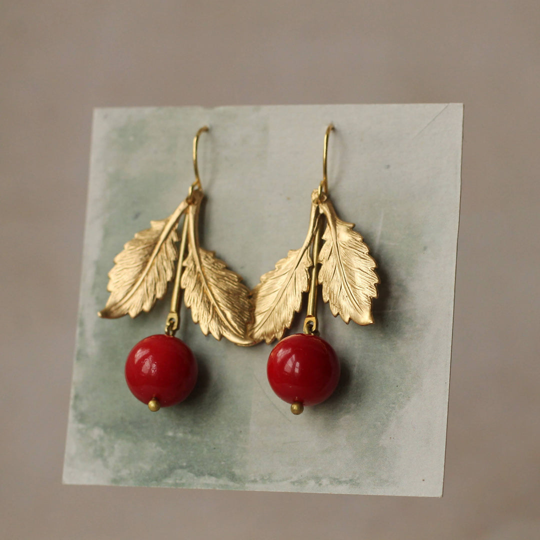 Vintage Brass Red Cherry Earrings SP567