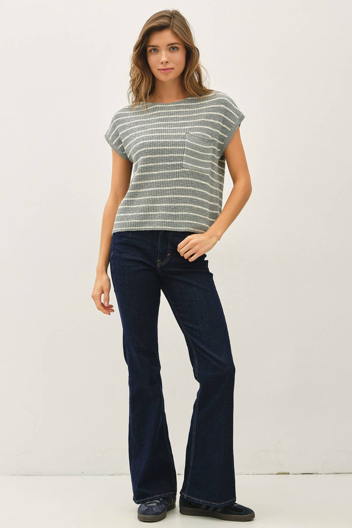STRIPED CAP SLEEVE SWEATER W FRONT PATCH POCKET BC564