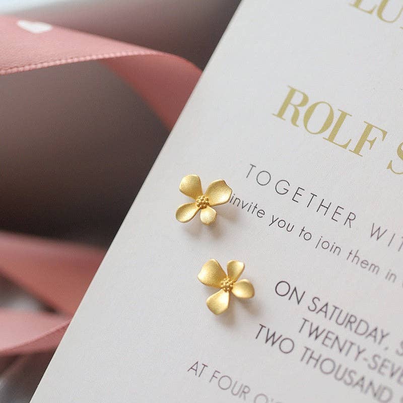 Matte Four Petal Floral Stud Earrings in 925 Sterling Silver