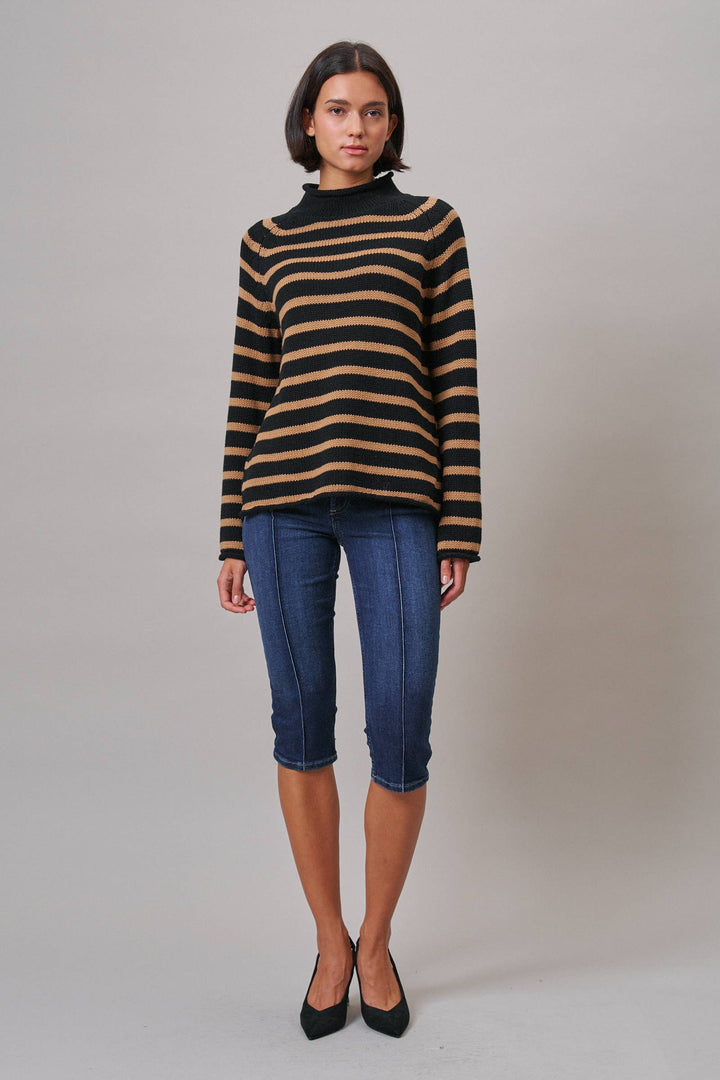 Striped Mock Neck Cotton Knit Sweater