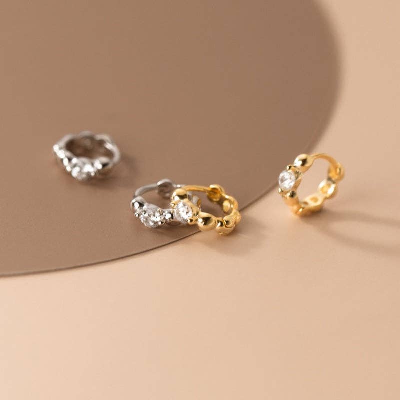 Round CZ Beaded Huggie Hoop Earrings in 925 Sterling Silver