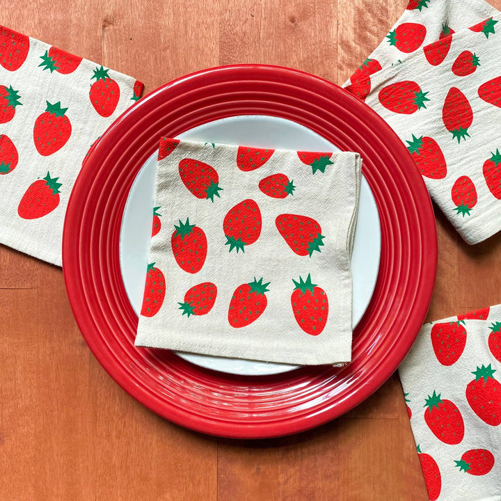 Hand Printed Natural Cotton Cloth Napkins, Red Strawberries BB22