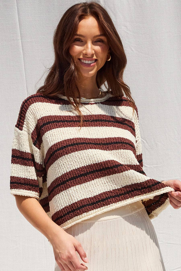 IM9277 - 3/4 Sleeve Striped Sweater