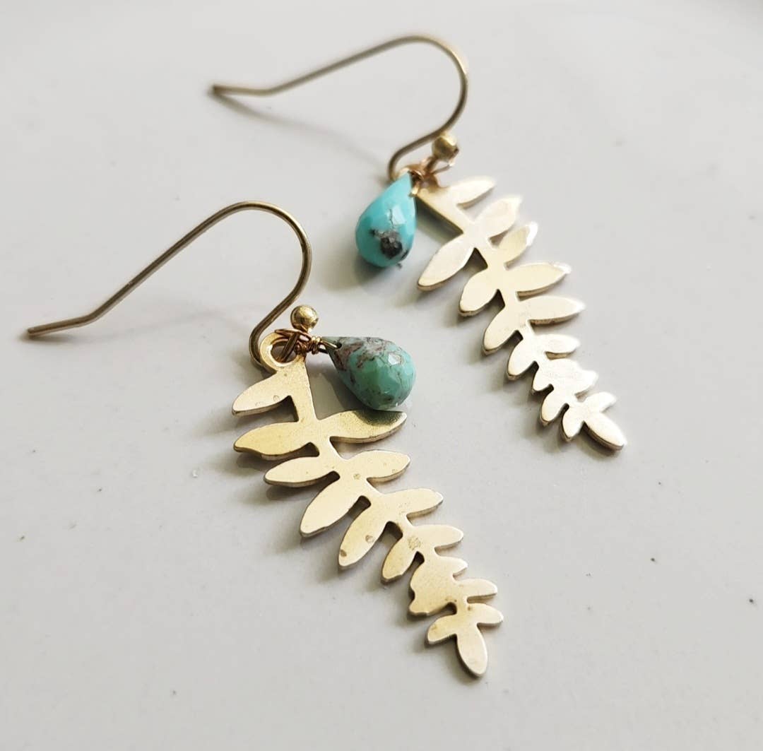 Turquoise Briolette Droplet and Fern Leaf Dangle Earrings
