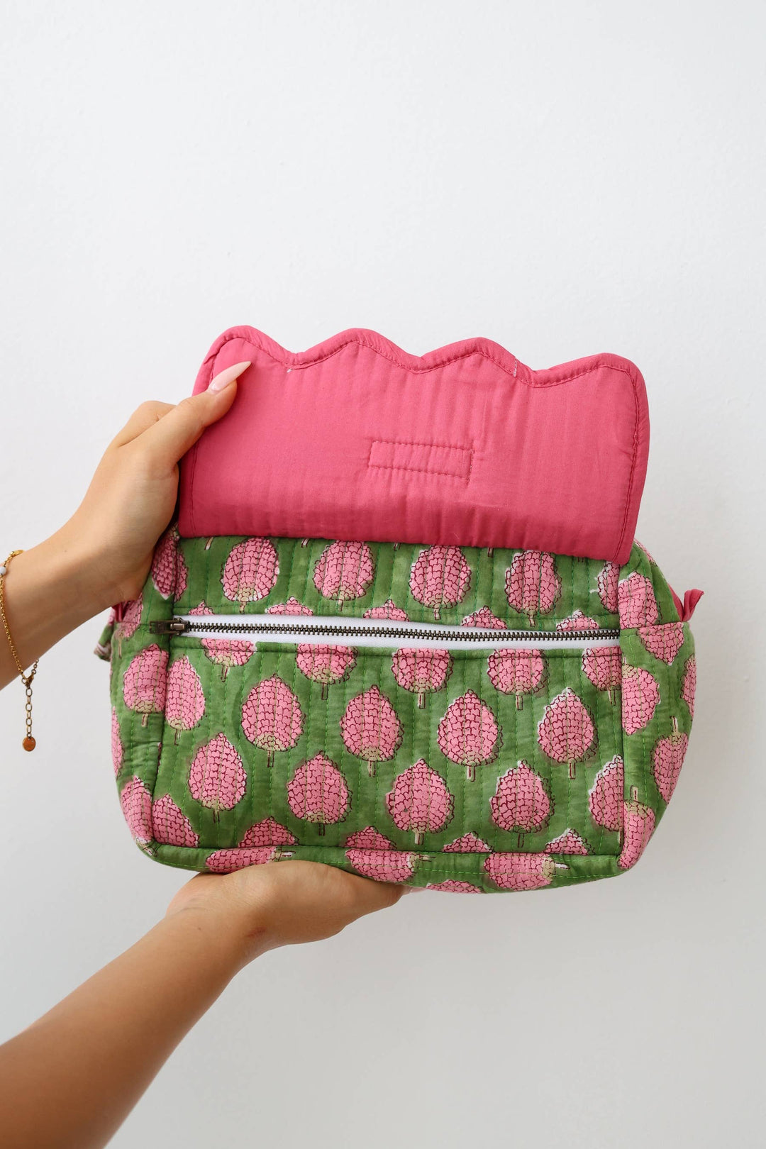 Scalloped Block Print Toiletry Bag Cotton Makeup Travel Case