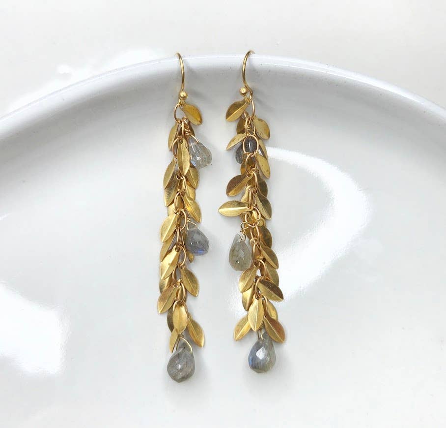 Brass Lightweight Leaf Chain and Labradorite Dangle Earrings