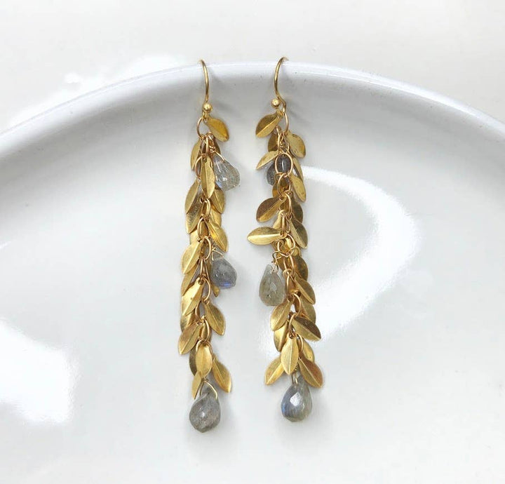 Brass Lightweight Leaf Chain and Labradorite Dangle Earrings