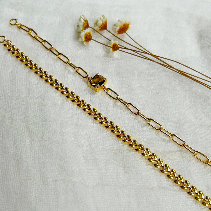 Bronze CZ Link &amp; Dainty Leaf Bracelets KT27