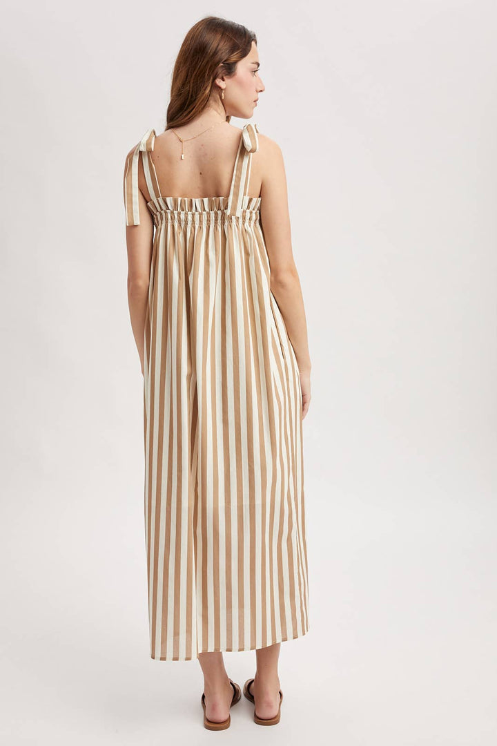 STRIPED SELF SHOULDER TIES MIDI DRESS / WL25
