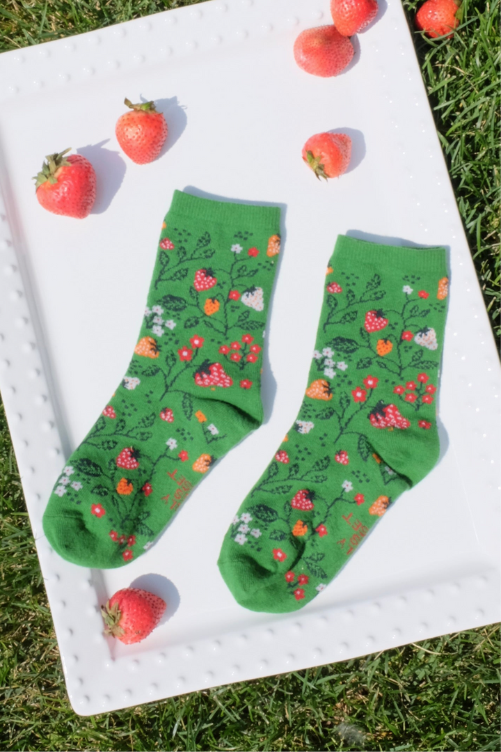 Green Strawberry Floral Whimsical Print Crew Socks