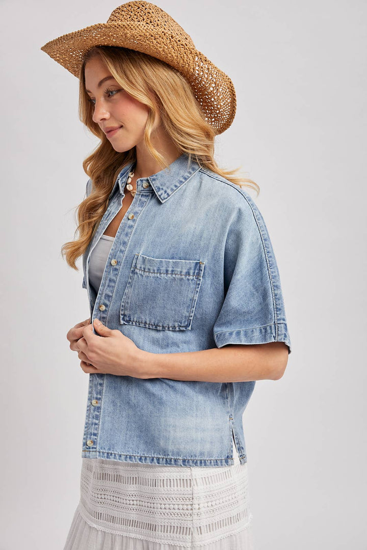 DENIM BUTTON DOWN SHORT SLEEVE BOXY SHIRT BV829