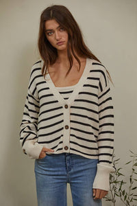 W1160 | Knit Sweater Cotton Stripe V-Neck Cardigan