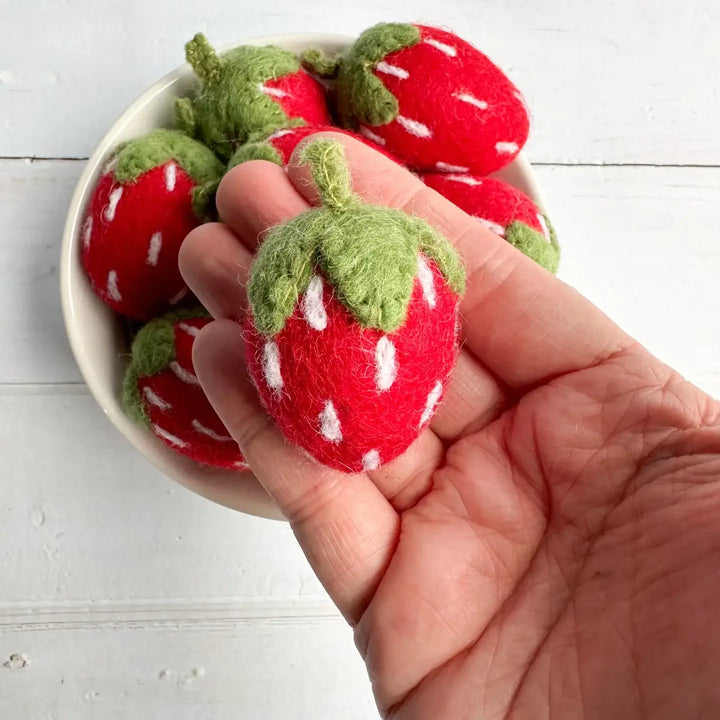 One Red Felt Strawberry With Forest Green Stem