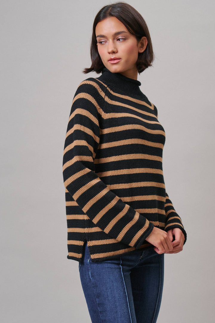 Striped Mock Neck Cotton Knit Sweater