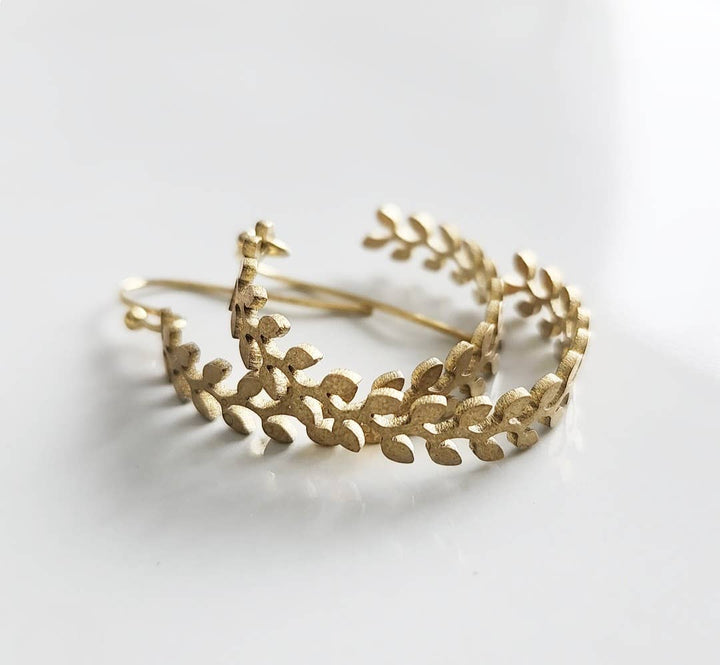 Brass Fern, Olive &amp; Myrtle Leaf, Wheat Hoop Dangle Earrings