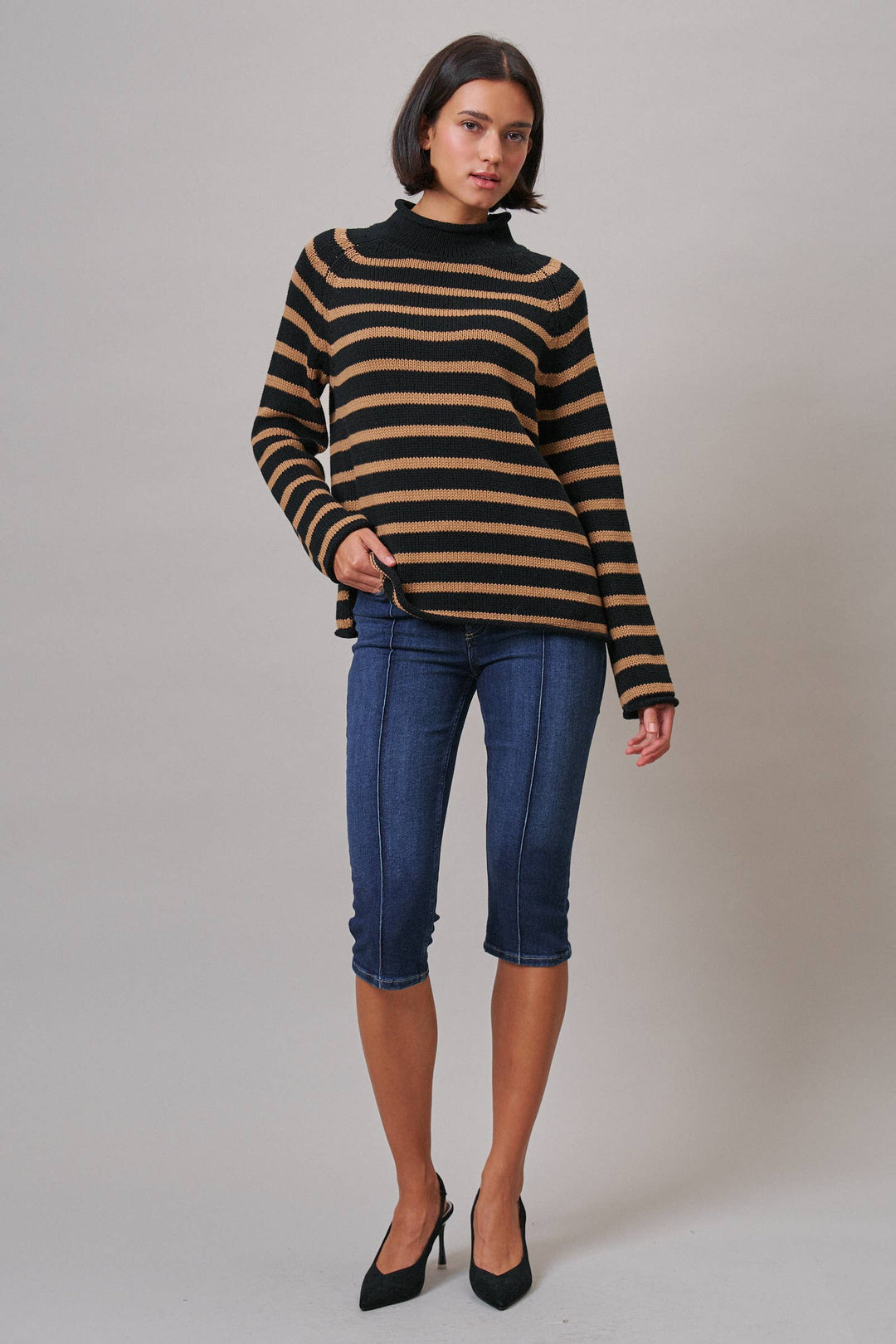 Striped Mock Neck Cotton Knit Sweater