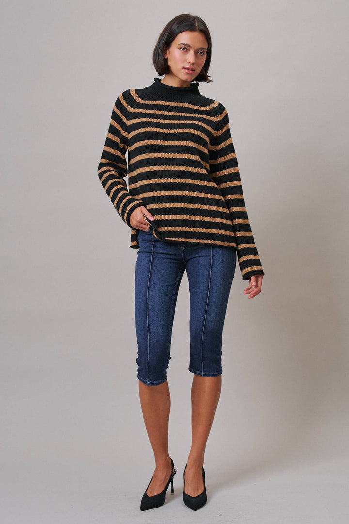 Striped Mock Neck Cotton Knit Sweater