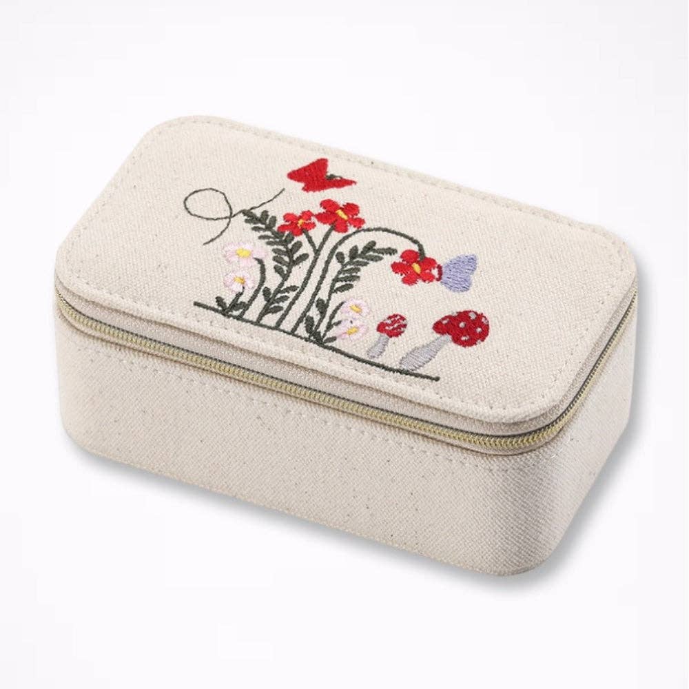 Embroidered Canvas Jewelry Box with Metal Zipper N6E072